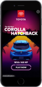 cell phone graphic with a Toyota interstitial advertisement displayed